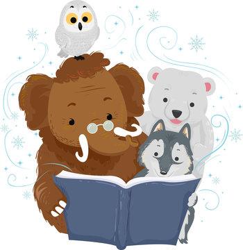 drawing of woolly mammoth reading a book to a polar bear, owl and wolf