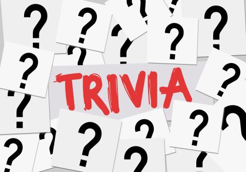 several squares of paper with black question marks on them. In the middle is the word "trivia" in red