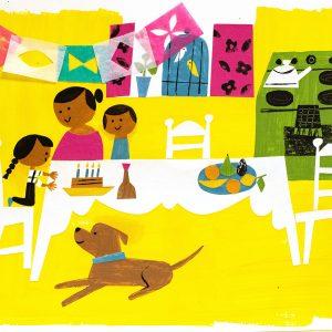 artwork by christian robinson featuring an adult and two kids, all with brown skin, sitting at a white table in front of a collaged wall. A dog sits under the table. The whole image has a bright yellow background