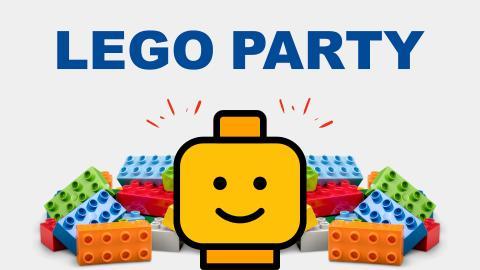 text reads "lego party" with image of building bricks and yellow block head