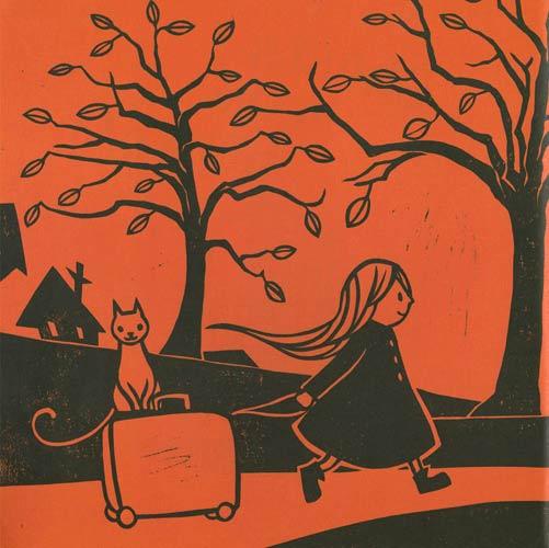 linocut image of a girl pulling a suitcase with a cat on top in front of barren treeson red paper.